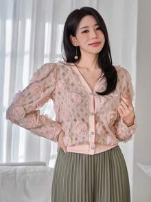 DAZY 女款優雅V領泡泡袖3D花卉上衣，春夏長袖 - 粉色 - 查看 6
