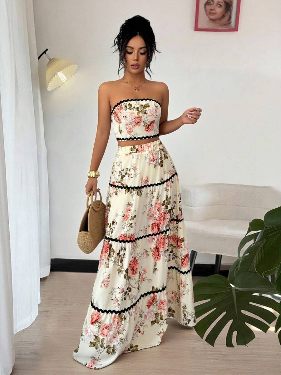 SHEIN Raffinéa 2pcs Elegant Holiday Strapless Top And Skirt Set For Women, Spring/Summer - Apricot - View 1