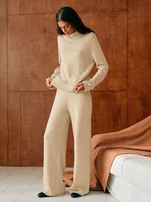 MOTF PREMIUM 2PCS WOMEN'S HIGH NECK FAUX PEARL DECOR SWEATER AND KNIT PANTS SET - Apricot - View 6