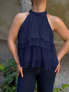 Jeta Ari Blusa asimétrica de gasa con volantes y lazo en el cuello - Azul Marino - Ver 3