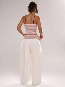 Avantive Women's Spaghetti Strap Striped Casual Fitted Crop Top 2 Pieces Set, Summer - White - View 2