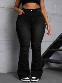 SHEIN CURVE+ Plus Size Women Cowgirl Blue Elastic Ruched Jeans, Rodeo For Women - Black - View 5