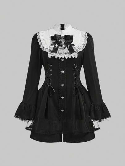 Goth Set da 2 pezzi composto da camicia aderente con colletto Peter Pan e fiocco, e pantaloncini, in stile gotico scuro con pendente a croce