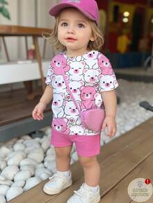SHEIN Baby Girl Casual Cute Cartoon Bear Print Outfit, Fashionable , Cream Pink, Round Neck Short Sleeve T-Shirt And Leggings Set, Suitable For Spring/Summer, Daily Wear, Matching Sisters, Vacation, Y2K Style Cute Toddler Sets Baby Girl Short Sleeve Two Piece Set For Baby Girls Baby Girl Clothes Summer Sets Bear Girls Clothing - Multicolor - View 2