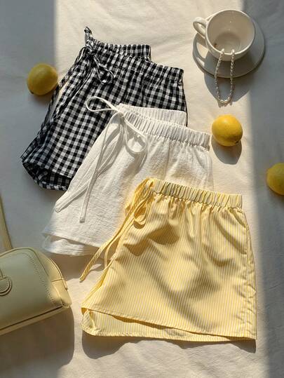 Comfortcana Set de 3 pantalones cortos casuales y sueltos con cordón en la cintura para mujer