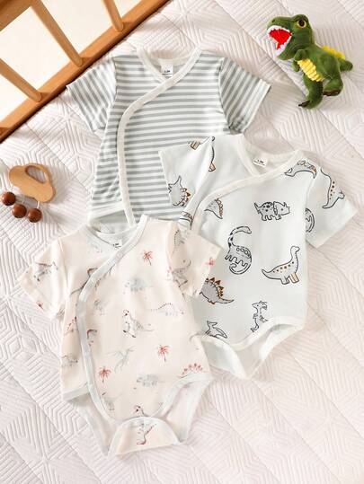 SHEIN 3pcs/Set Newborn/Infant Boys/Girls Cute Casual Minimalist Comfortable Soft Breathable Short Sleeve Bodysuit, Adorable Bear Print Pattern, Suitable For Spring, Summer, Autumn, Winter, Daily Wear, Birthday Party, Photography Baby Bamboo Clothes Newborn Clothes Unisex Neutral Baby Clothes Unisex 2026