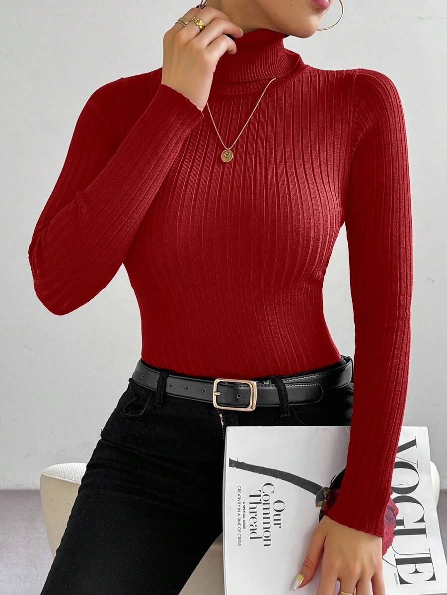 RosyDaze Sweater Lengan Panjang Slim Fit Warna Polos Model Turtleneck Minimalis Klasik - Merah - View 1