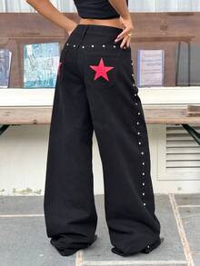 Muchica 女士黑色水洗铆钉装饰星形印花宽松牛仔裤，适合外出、街头、颓废朋克风，Y2K风格 - 黑色 - 查看 7