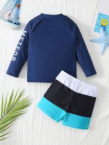 SHEIN 2 Piece Young Boys Boy Set Of Casual Sports Swimsuit For Little Boys, With Holiday Style Pattern Tight Fitting Upper And Swim Pants Adjusted, Children's Clothing, Suitable For Outdoor Swimming, Beach Play, Vacation Wear, Suitable For Spring, Summer, Autumn, Winter Seasons - Navy Blue - View 6
