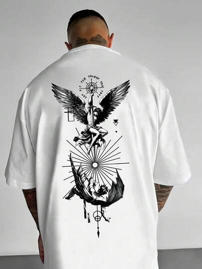 Manfinity Dauomo 男士休闲天使印花圆领落肩短袖T恤，夏季款