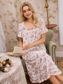 CottageSlumber Floral Print Ruffle Hem Bubble Crinkle Women Nightgown - Apricot - View 1
