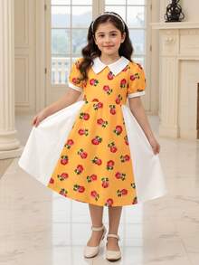 Tween-Mädchen Kleid mit süßem Blume Muster und Farbblock, Puffärmel, geeignet für Ausflüge, Lässig-Wear und Partys, Sommer - Verschiedenfarbig - Übersicht 1