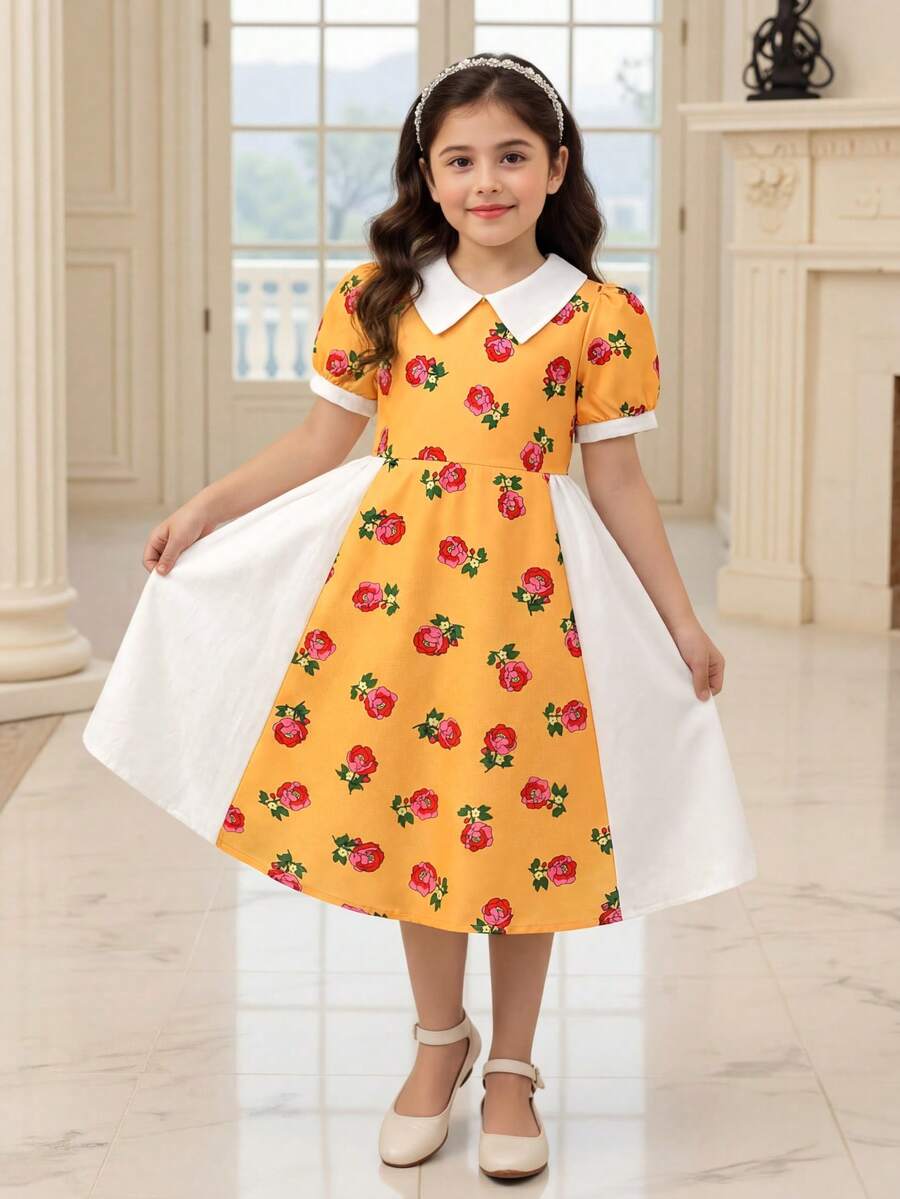 Tween-Mädchen Kleid mit süßem Blume Muster und Farbblock, Puffärmel, geeignet für Ausflüge, Lässig-Wear und Partys, Sommer - Verschiedenfarbig - Übersicht 1