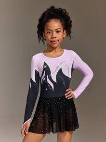 Tween Girl Contrast Color Print Dance & Ice Skating Activewear, Embellished With Shiny Rhinestones - Multicolor - View 1