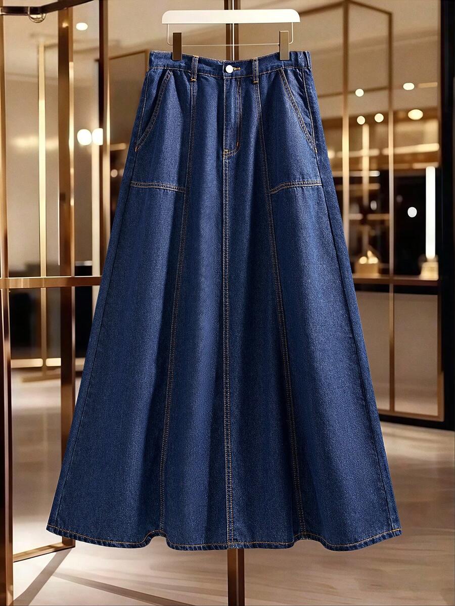 GlowEve Women's High Waist Pocket Casual/Work Denim Skirt - Dark Wash - View 1