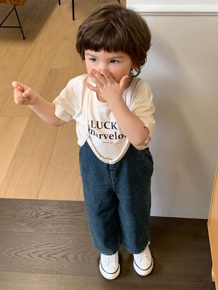 Toddler Boys' Contrast Color Korean Style Washed Denim Bib Overalls