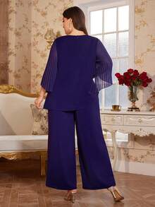 SHEIN Clasi 大码女装新款时尚优雅高品质雪纺袖褶皱衬衫和阔腿裤两件套，适合下午茶、日常穿着及多种场合。 - 紫色 - 查看 2