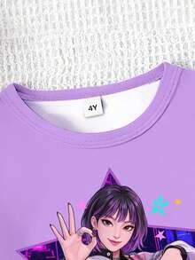 1 Set Young Girl Fashion Cartoon K-Pop Girl "SIX SEVEN" Letter Print Round Neck T-Shirt And Pentagram Print Shorts Set,Summer Birthday Outings,Purple - Multicolor - View 6