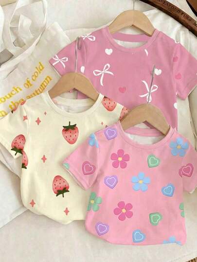 SHEIN 3件套少女休闲基础款圆领短袖T恤，适合春夏穿着