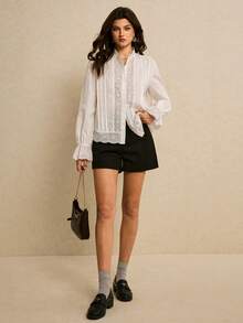 Poéselle Women's Casual Vacation Style Schiffy Panel Ruffle Sleeve Blouse, Spring/Autumn - White - View 6