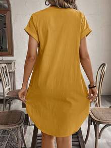 SHEIN Tall CURVE Plus Size Solid Color Notched Neck Button Front Casual Short Sleeve Dress - Yellow - View 2