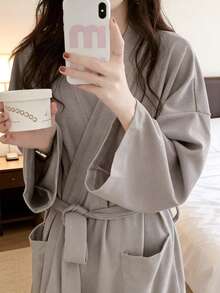 Áo choàng tắm mềm mại Unisex, dày, dài, có dây rút và túi, đồ ngủ rộng rãi thấm hút, đồ mặc nhà cho các cặp đôi, mùa thu/đông trở lại trường - màu xám nhạt - Xem 8