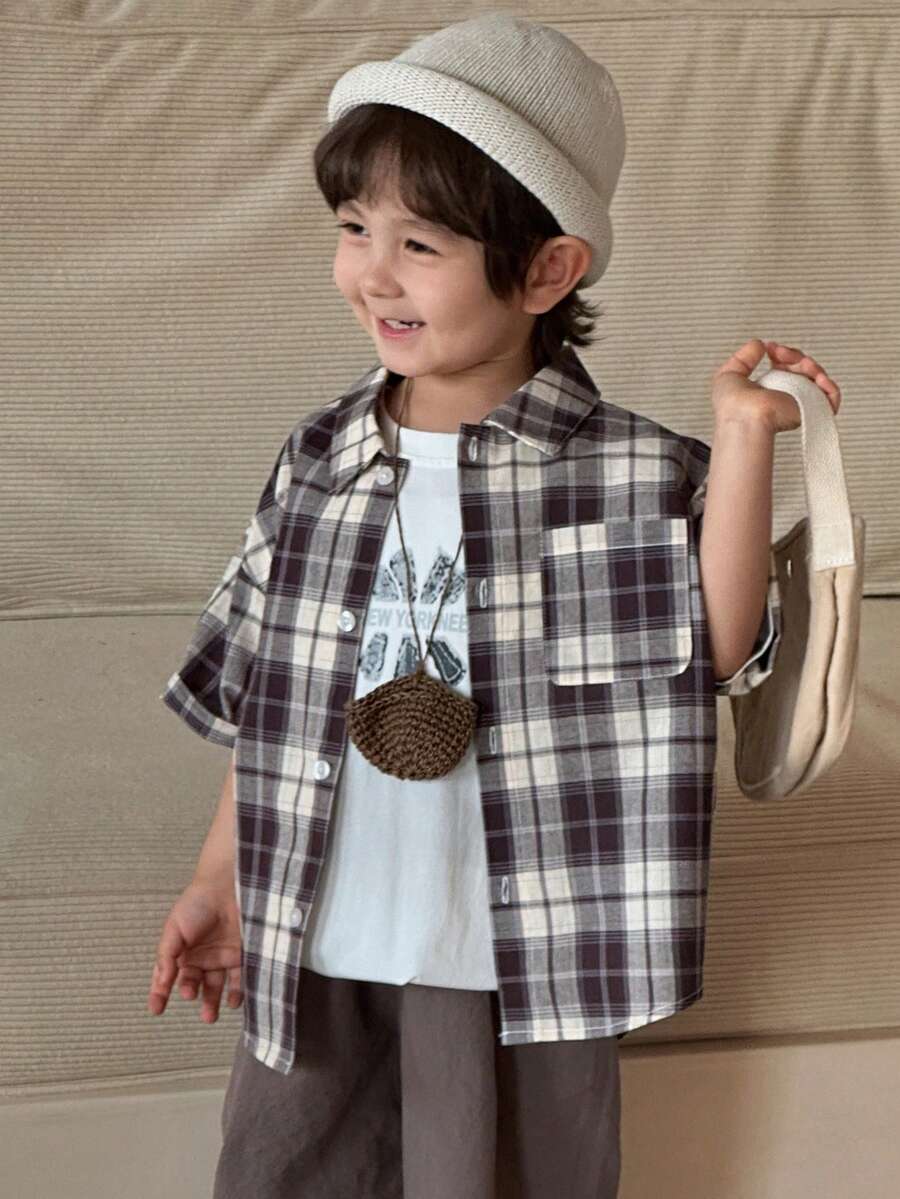 DAZY Young Boys' Fashionable Plaid Print Button-Down Short Sleeve Shirt Spring - Brown - View 1
