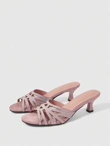 Sleekvia Women's Rhinestone Embellished Elegant Versatile High Heel Slide Sandals - Pink - View 10