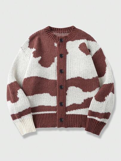 ROMWE MEN Men's All-Over Print Button Front Long Sleeve Cardigan Sweater