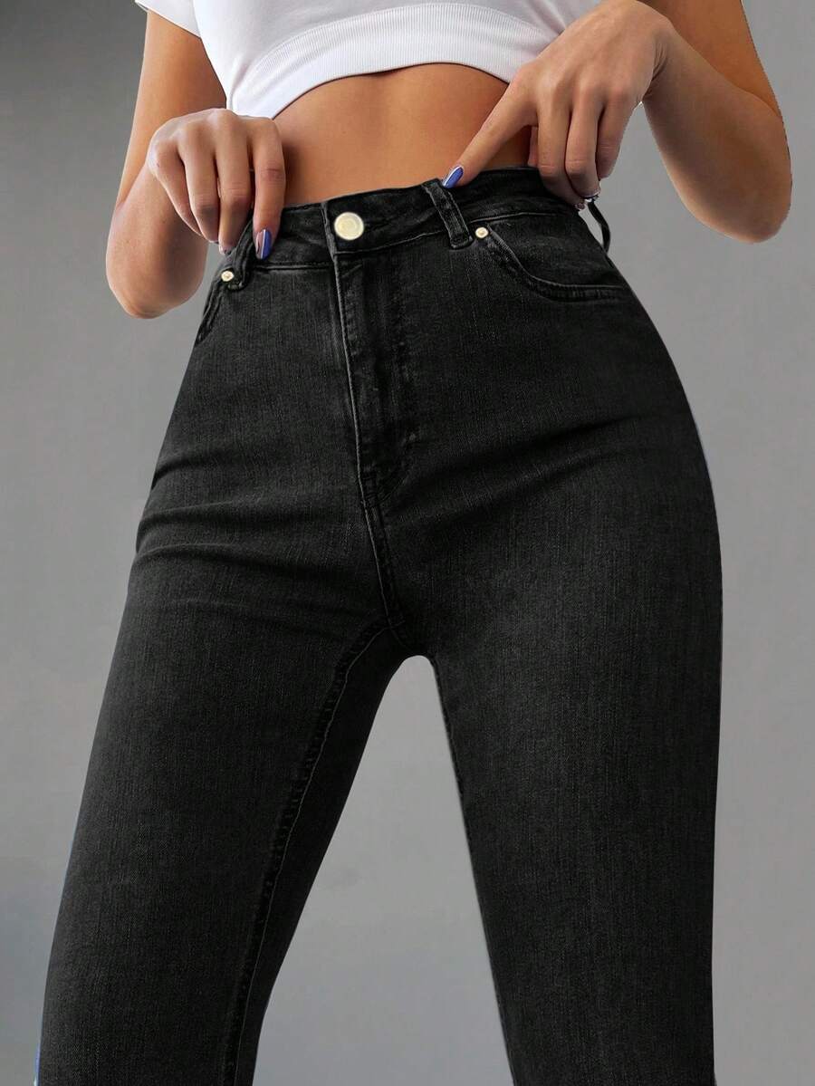 Women's Jeans 98% Cotton High Rise Slim Fit Flared Jeans 2000s Style Black Jeans - Black - View 1