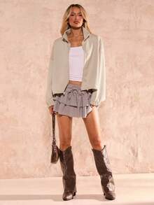 Glamine 女士落肩长袖几何线条磨毛宽松外套 - 淺灰色 - 查看 1