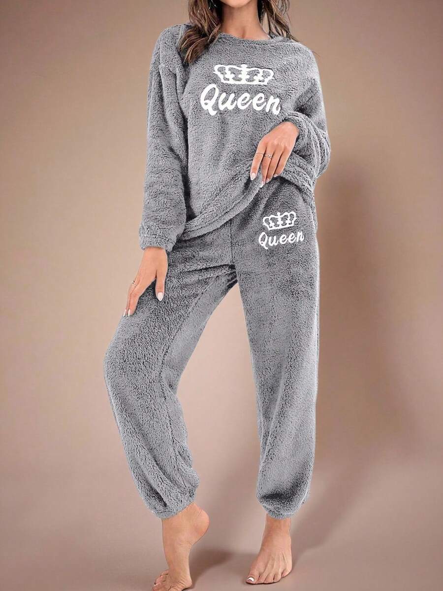 Lazeform Women Crown & Letter Embroidery Dropped Shoulder Loose Fluffy Top And Pants Casual Set, Winter Cute Lounge Set Cute Sleep Set Cozy Lounge Set Comfy Pajamas Clothes Set Comfy Lounge Set - Grey - View 1