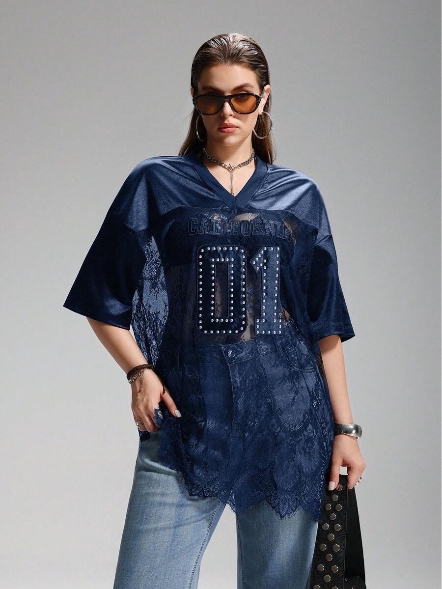 LYSMO Áo khoác bomber dáng rộng cổ chữ V xuyên thấu ren số dành cho người có thân hình mũm mĩm - Màu xanh hải quân - Xem 1