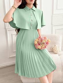 SHEIN 2pcs/Set Vintage Elegant Shawl Collar Pleated Hem Dress With Shirt For Teen Girls - Green - View 7