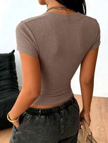 INAWLY Women's Casual Solid Color Short Sleeve T-Shirt, Summer - Brown - View 2