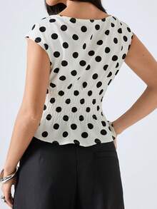 LYSMO Women's White Polka Dot Short Sleeve Cropped Top, Spring/Summer New Arrival - Beige - View 2