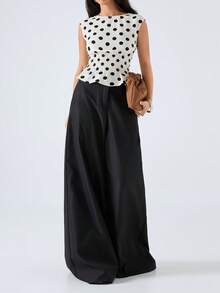 LYSMO Women's White Polka Dot Short Sleeve Cropped Top, Spring/Summer New Arrival - Beige - View 3