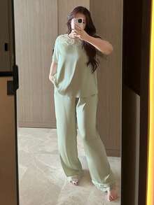 Dazy Plus 2件套加大码女式撞色蕾丝宽松短袖上衣和长裤睡衣套装，春夏款 - 薄荷綠 - 查看 4