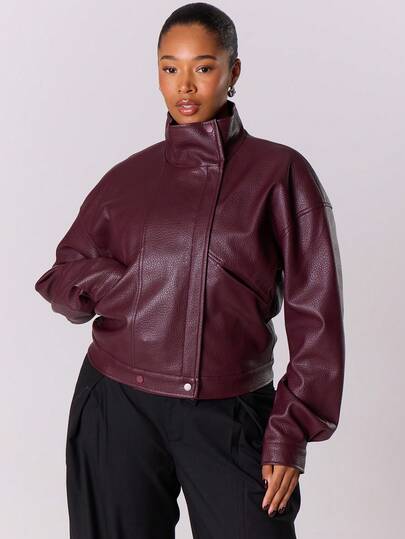 MUSERA Plus High Neck Faux Leather Cinched Waist Drop Shoulder Zip Through Jacket Everyday Casual Cosy Cute Valentines Day