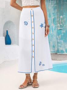 Vivid Eden Women's Starfish Print Single-Breasted Casual Fashion Skirt - Multicolor - View 8