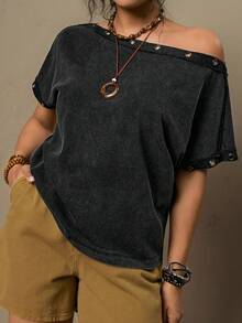 Freevana 大码复古做旧黑色露肩上衣，铆钉装饰宽松蝙蝠袖，朋克风格小众设计短袖T恤 - 深灰色 - 查看 1