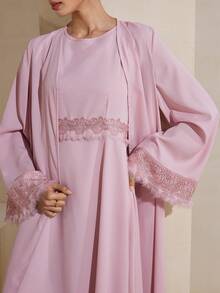 Graceveil V-Neck Ribbon & Feather Patchwork Long Sleeve Flared Women's Arabic Style Outfit Set - Pink - View 2