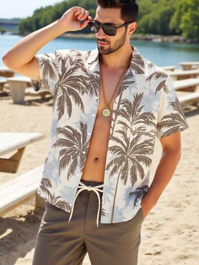 Manfinity Swimmode Men's Summer Vacation Tropical Print Short Sleeve Shirt And Drawstring Waist Shorts Beach Outfit