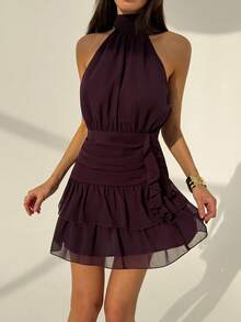 Aloruh Women's Solid Color Halter Neck Ruffle Hem Elegant Waist Cinched Mini Dress, Suitable For Valentine's Day, Dates, Parties Layered Ruffle Dress Dark Purple Dress Women