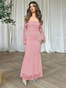 Jemour 女士露肩长袖前系带紧身连衣裙、女士新年连衣裙、新年派对连衣裙、情人节、女士柔和色调连衣裙 - 粉色 - 查看 5