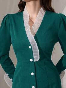 Modelyn Vestido de manga larga con ribete de contraste para mujer - Verde Oscuro - Ver 7