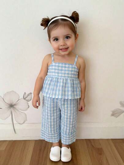 Baby Girl Casual Vacation Fashion Fitted Comfortable Cotton Woven Blue Striped Camisole Patchwork Ruffle Hem Top And Wide Leg Pants Set