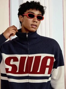 SWAVVY Cárdigan de punto casual con estampado de letras de manga larga para hombre, adecuado para otoño/invierno - Azul Marino - Ver 4