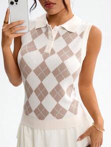 Dewbera Women's Diamond Pattern Polo Collar Sleeveless Knit Sports Top - Multicolor - View 1