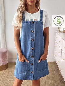 EMERY ROSE 大码纯色口袋前扣休闲牛仔连体裤连衣裙 - 藍色 - 查看 5